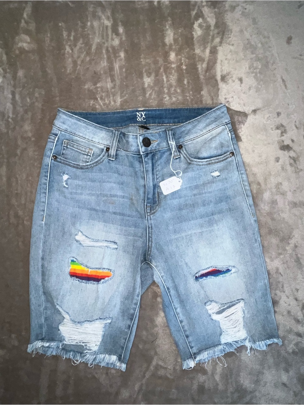 New York & Company size 30 Distressed Denim Jean Shorts with Rainbow Patch